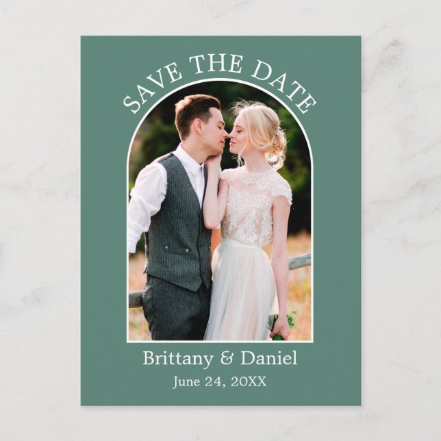 Modern Arch Frame Eucalyptus Green Save The Date Postcard (Front)