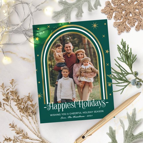  Modern Arch Frame Family Photo Green Holiday Card