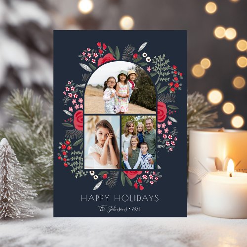 Modern Arch Frame Floral Family Christmas 3 Photo Holiday Card