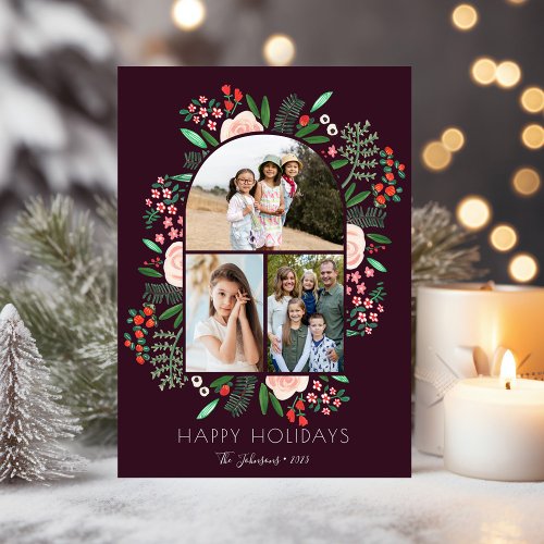 Modern Arch Frame Floral Family Christmas 3 Photo Holiday Card