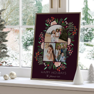 Modern Arch Frame Floral Family Christmas 3 Photo Poster