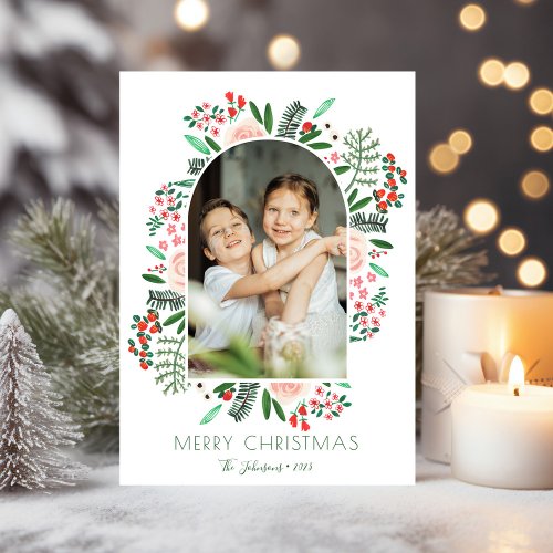 Modern Arch Frame Floral Family Christmas Photo Holiday Card
