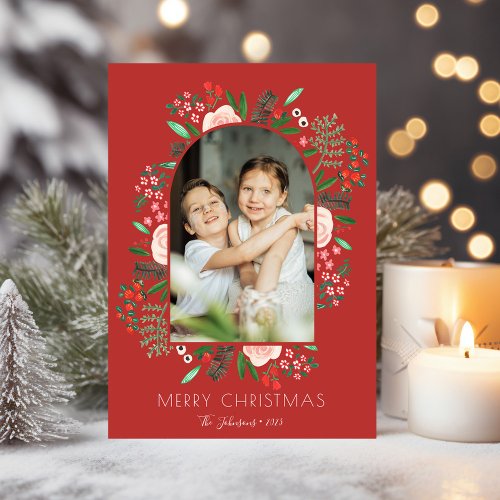 Modern Arch Frame Floral Family Christmas Photo Holiday Card
