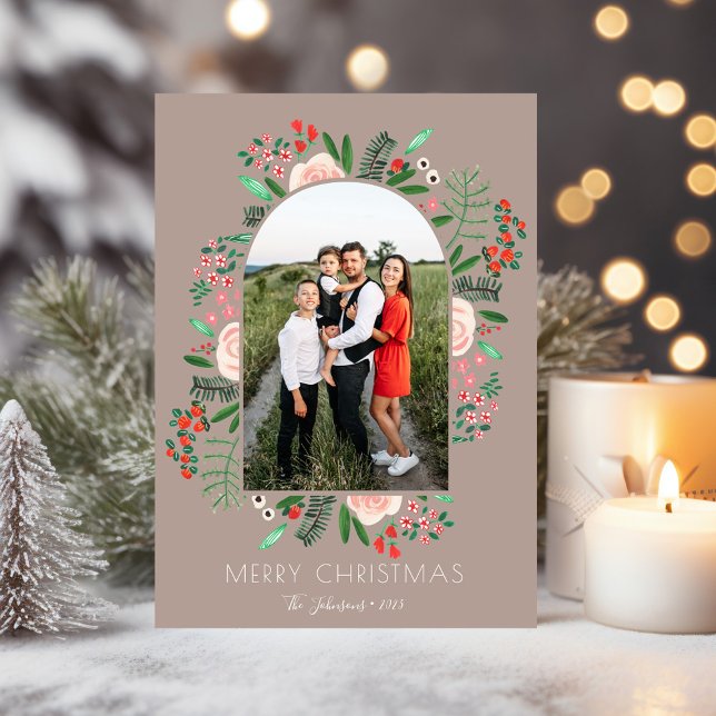 Modern Arch Frame Floral Family Christmas Photo Holiday Card (Modern Arch Frame Floral Family Christmas Photo Holiday Card)