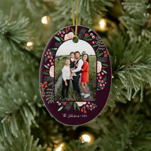 Modern Arch Frame Floral Merry Christmas Photo Ceramic Ornament