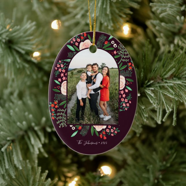 Modern Arch Frame Floral Merry Christmas Photo Ceramic Ornament (Tree)