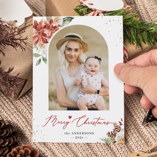 Modern Arch Frame Floral Merry Christmas Photo Holiday Card