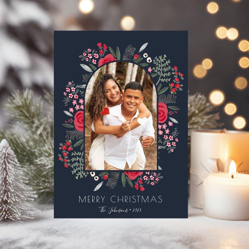 Modern Arch Frame Floral Merry Christmas Photo Holiday Card