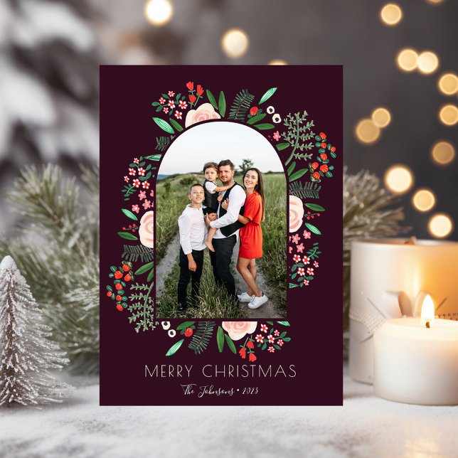 Modern Arch Frame Floral Merry Christmas Photo Holiday Card (Modern Arch Frame Floral Family Christmas Photo Holiday Card)