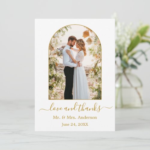 Modern Arch Frame Love and Thanks Gold Wedding Thank You Card