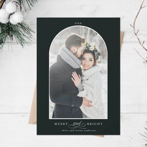 Modern Arch Frame Merry and Bright Photo Green Holiday Card