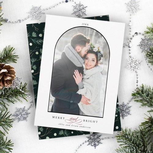 Modern Arch Frame Merry and Bright Photo  Holiday Card