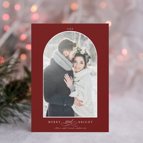 Modern Arch Frame Merry and Bright Photo Red Holiday Card