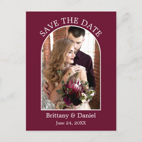 Modern Arch Frame Photo Burgundy Save The Date Postcard