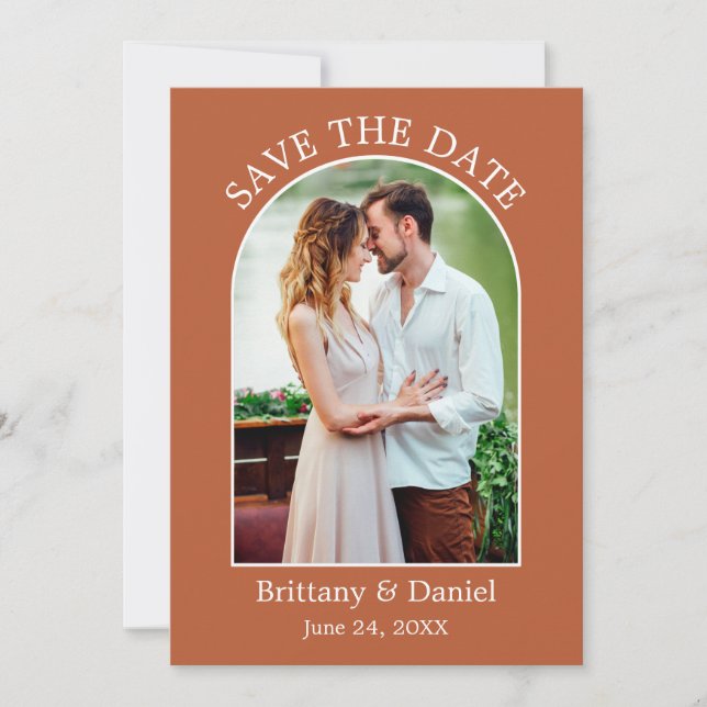 Modern Arch Frame Photo Burnt Orange Save The Date (Front)