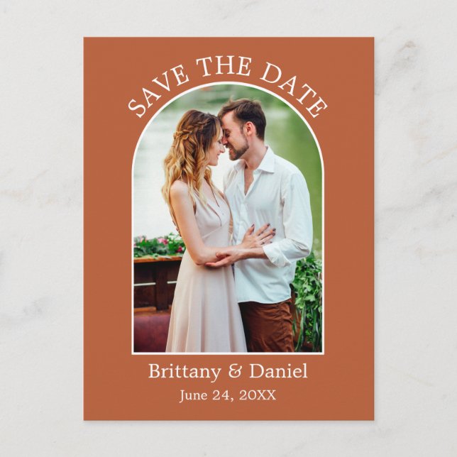 Modern Arch Frame Photo Burnt Orange Save The Date Postcard (Front)