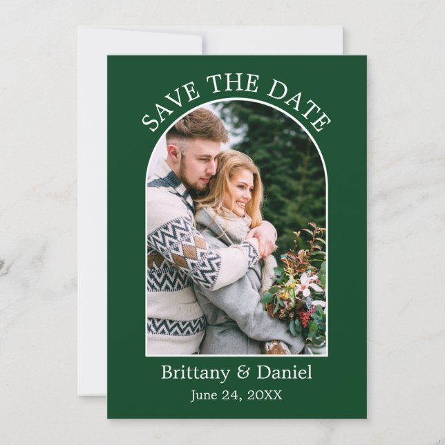 Modern Arch Frame Photo Green Save The Date (Front)