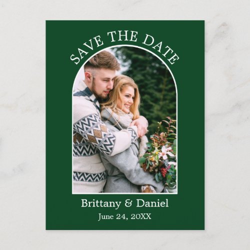 Modern Arch Frame Photo Green Save The Date Postcard