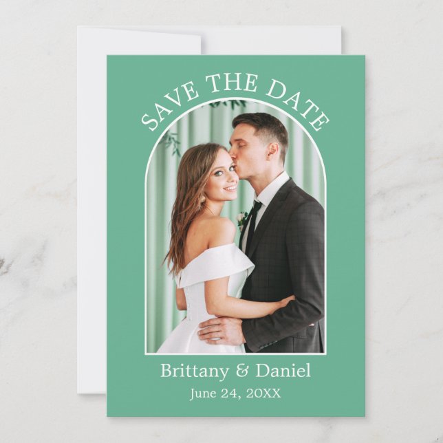 Modern Arch Frame Photo Neo Mint Green Save The Date (Front)