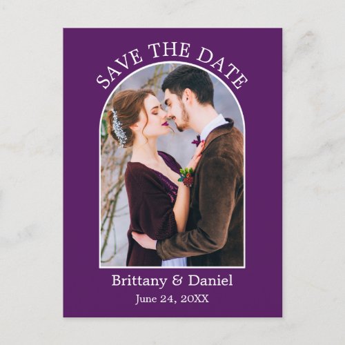 Modern Arch Frame Photo Purple Save The Date Postcard