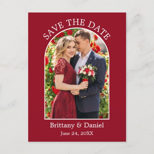 Modern Arch Frame Photo Red Save The Date Postcard