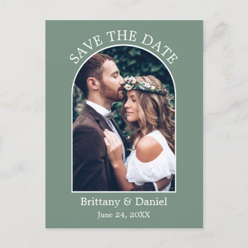 Modern Arch Frame Photo Sage Green Save The Date Postcard