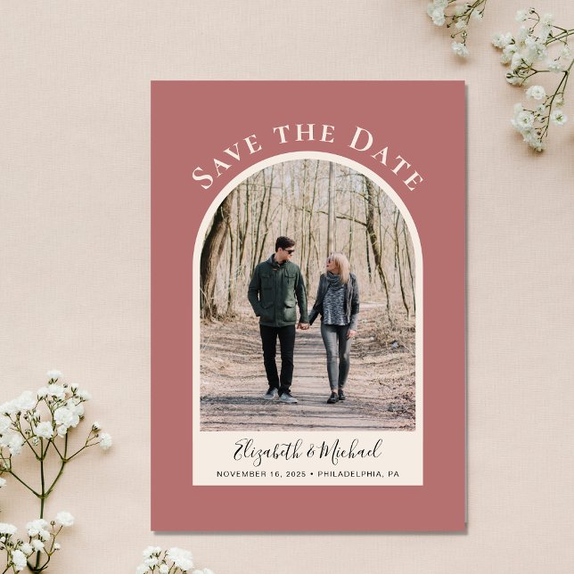 Modern Arch Frame Photo Save The Date (Celebrate your love story with a save the date showcasing your photo in an elegant arch frame)