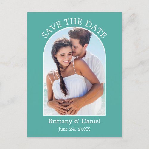 Modern Arch Frame Photo Teal Save The Date Postcard