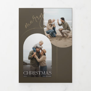 Modern Arch Geometric Beach Photo Family Christmas Tri-Fold Holiday Card