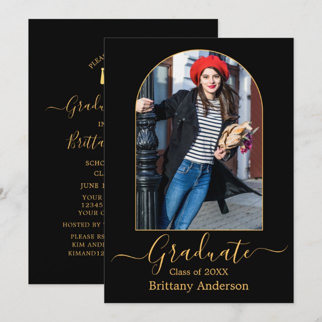 Modern Arch Gold Calligraphy Graduation Party Invitation (Front/Back)