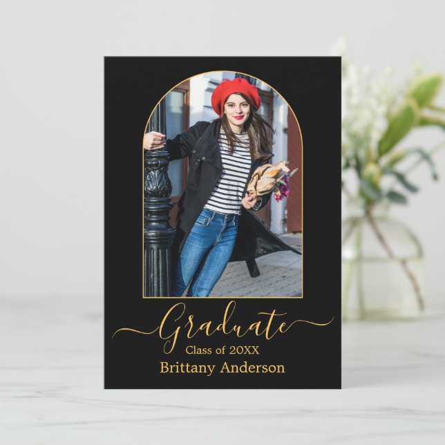 Modern Arch Gold Calligraphy Photo Graduation Announcement (Standing Front)