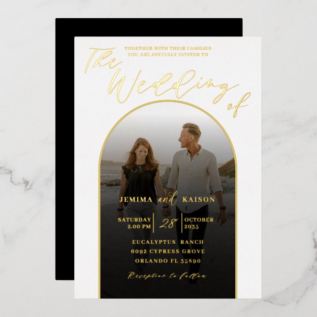 Modern Arch Gold Foil Script & Photo Wedding Foil Invitation (Front/Back)