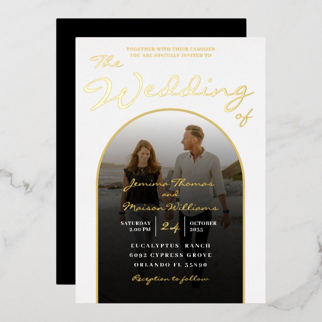 Modern Arch Gold Foil Script & Photo Wedding Foil  Invitation (Front/Back)