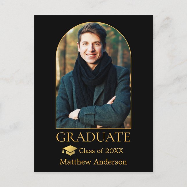 Modern Arch Gold Grad Cap Photo Graduation Postcard (Front)