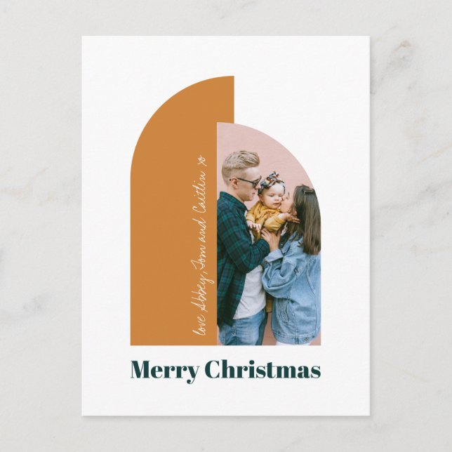 Modern Arch Gold Merry Christmas Family Photo Holiday Postcard (Front)
