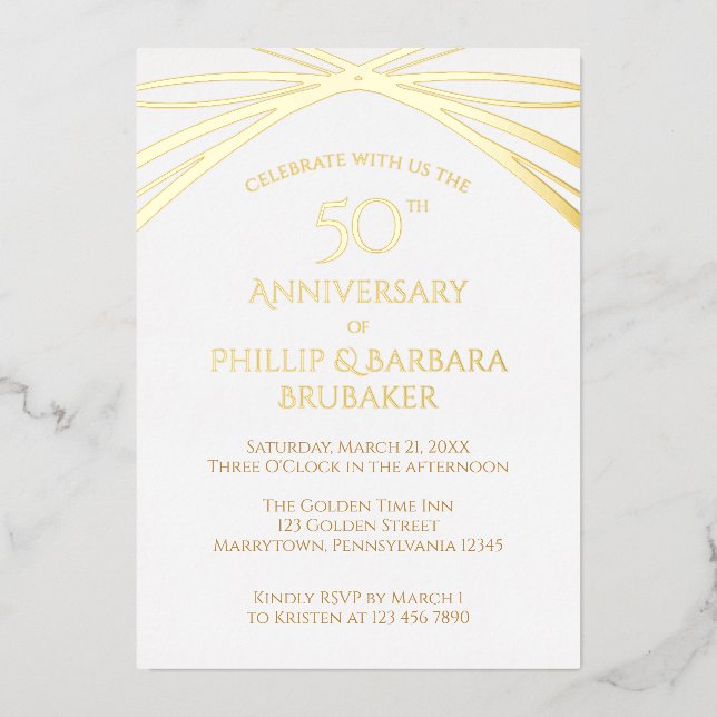 Modern Arch Golden 50th Wedding Anniversary Party Foil Invitation (Front)