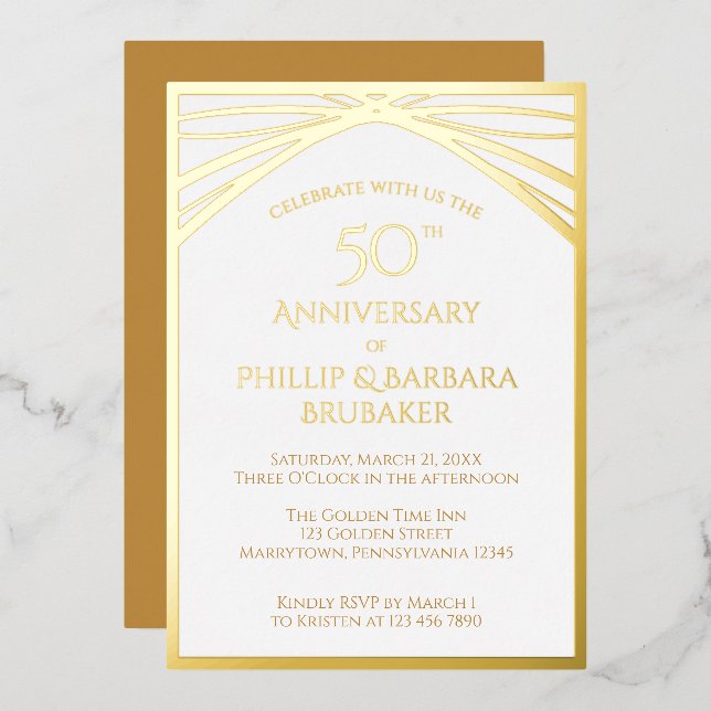 Modern Arch Golden 50th Wedding Anniversary Party Foil Invitation (Front/Back)