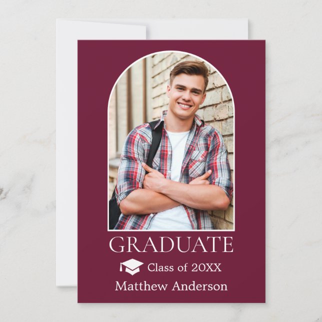 Modern Arch Grad Cap Burgundy Graduation Announcement (Front)