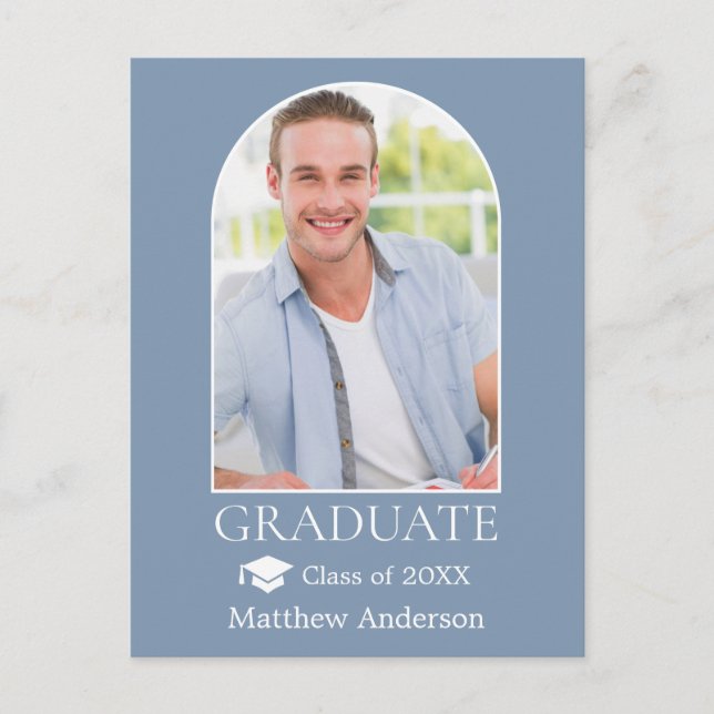 Modern Arch Grad Cap Dusty Blue Graduation Postcard (Front)
