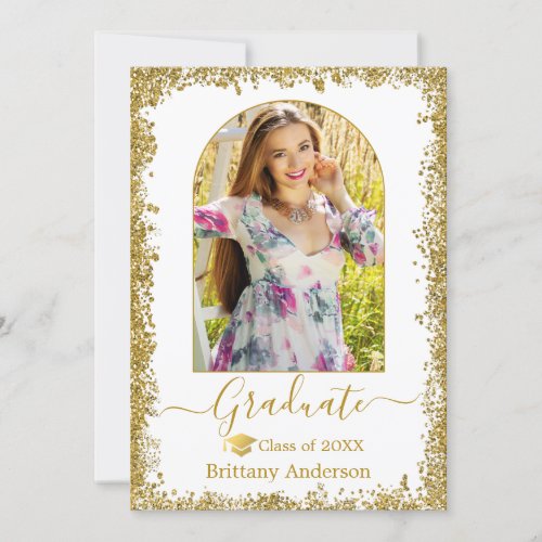 Modern Arch Grad Cap Gold Glitter Graduation Announcement