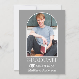 Modern Arch Grad Cap Photo Gray Graduation Announcement