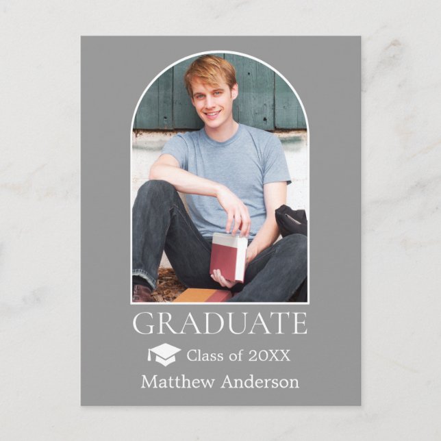 Modern Arch Grad Cap Photo Gray Graduation Postcard (Front)