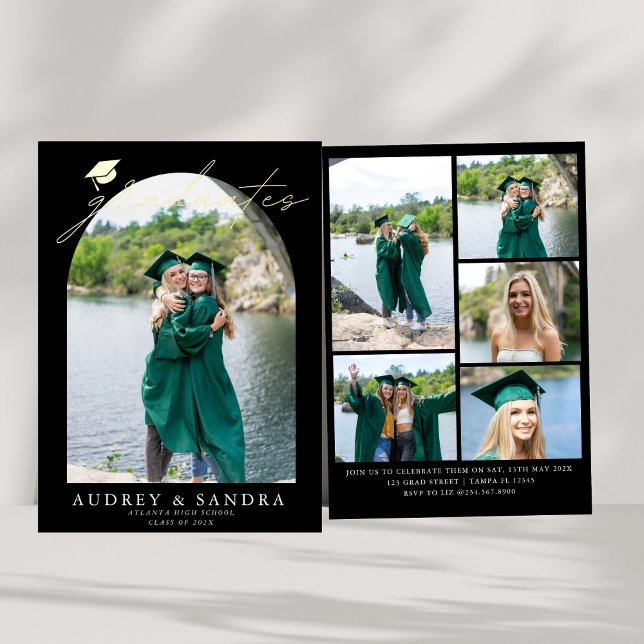 Modern Arch Graduates Double Graduation Party Foil Invitation (Creator Uploaded)