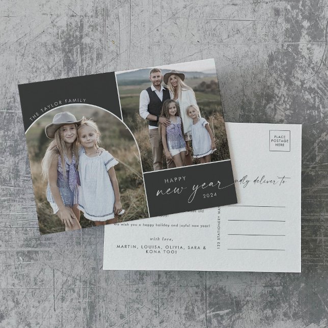 Modern Arch | Gray 3 Family Photos New Year News Holiday Postcard (Creator Uploaded)