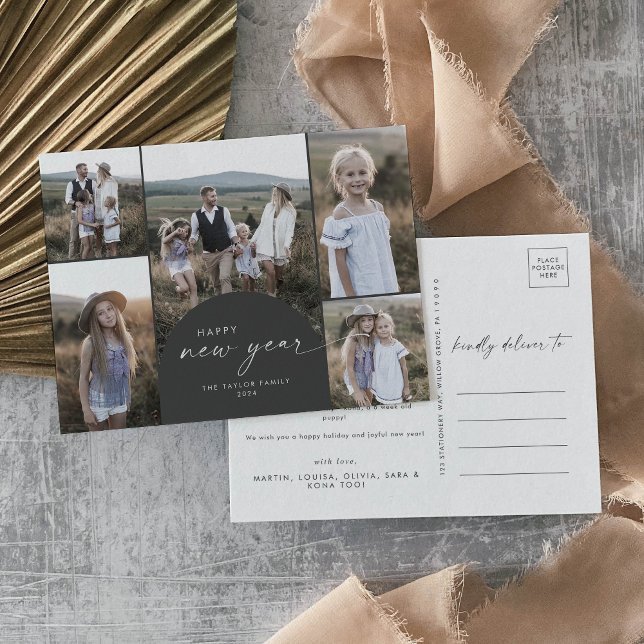 Modern Arch | Gray Multi Photo Family New Year Holiday Postcard (Creator Uploaded)