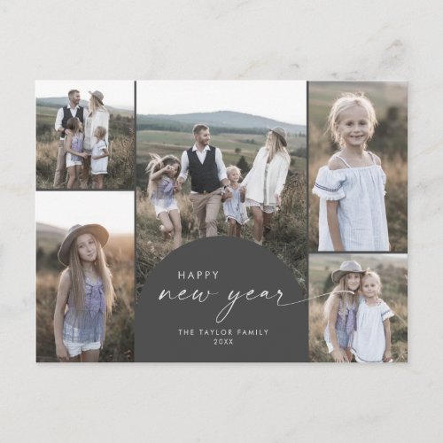 Modern Arch  Gray Multi Photo Family New Year Holiday Postcard