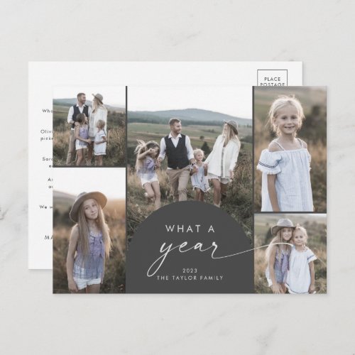 Modern Arch  Gray Multi Photo Family What A Year Holiday Postcard