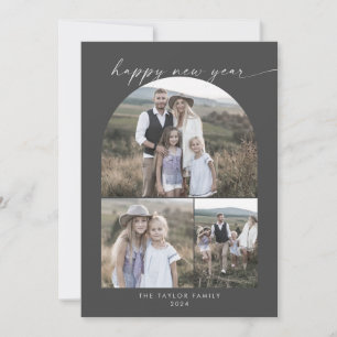 Modern Arch Gray New Year Photo Collage Family Holiday Card