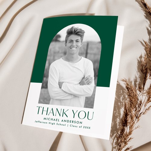 Modern Arch Green Color Block Photo Graduation Thank You Card