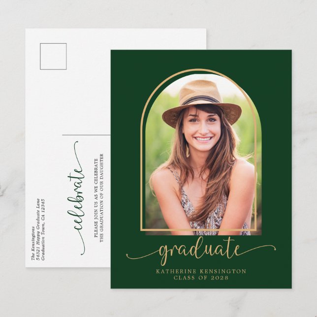 Modern Arch Green Gold Photo Graduation Party  Announcement Postcard (Front/Back)